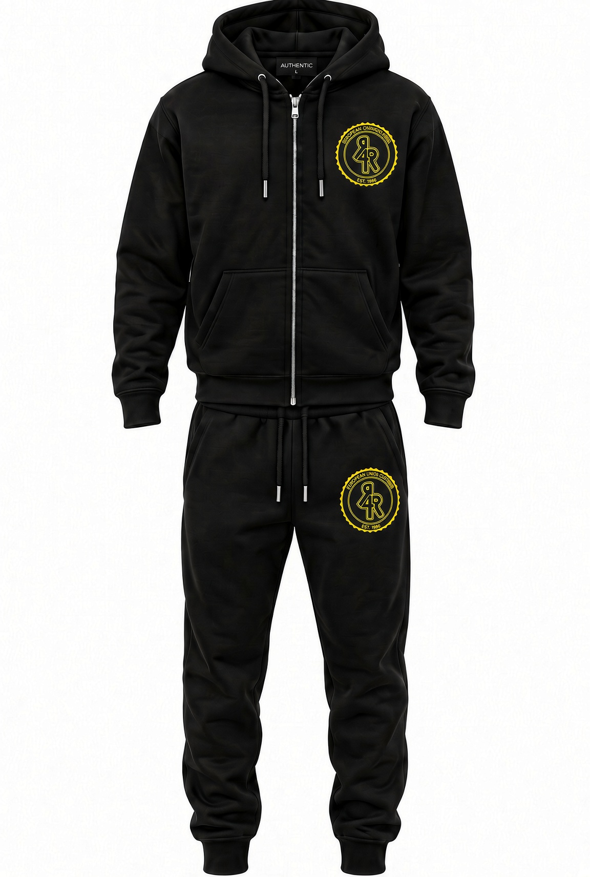 Black tracksuit with yellow logo
